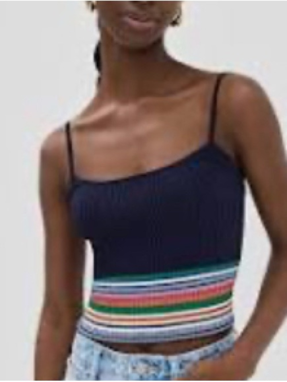 STAUD Navy Ribbed Tank with Multicolor Striped Hem